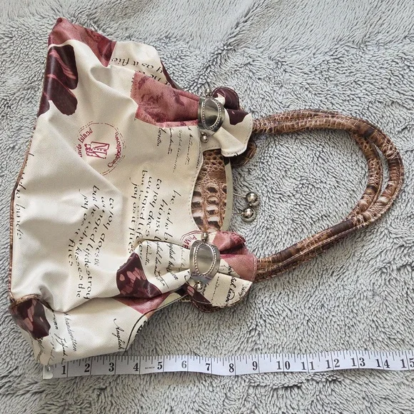 Vintage Design Coin Purse Style Handbag White with Earthtones and Mauve Patterns - Picture 6 of 7